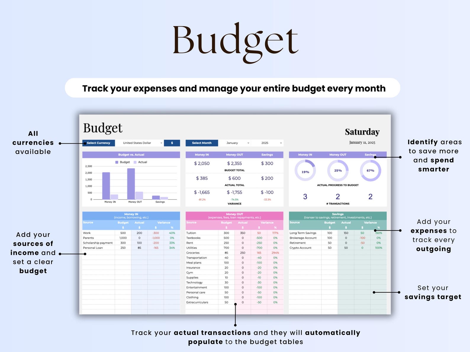 Student Planner β College β Excel Google Sheets Template