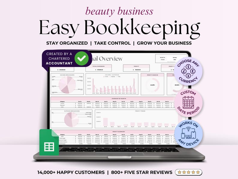 Bookkeeping Spreadsheet-Beauty Pros-Google Sheets Template