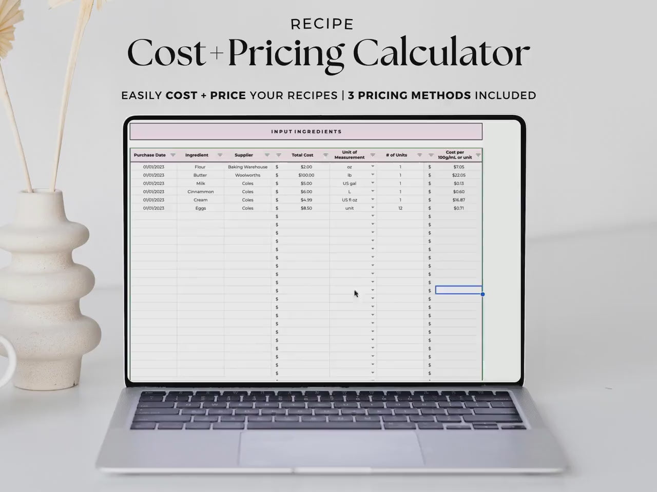 Recipe Costing β Bakery β Excel / Google Sheets Template