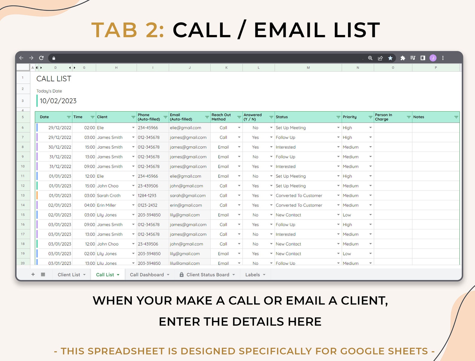 Client Call Tracker - Small Biz - Google Sheets Template