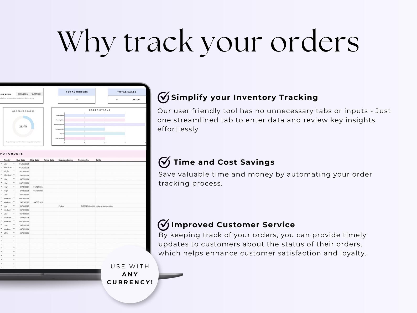 Order Tracker Spreadsheet - Excel / Google Sheets Template