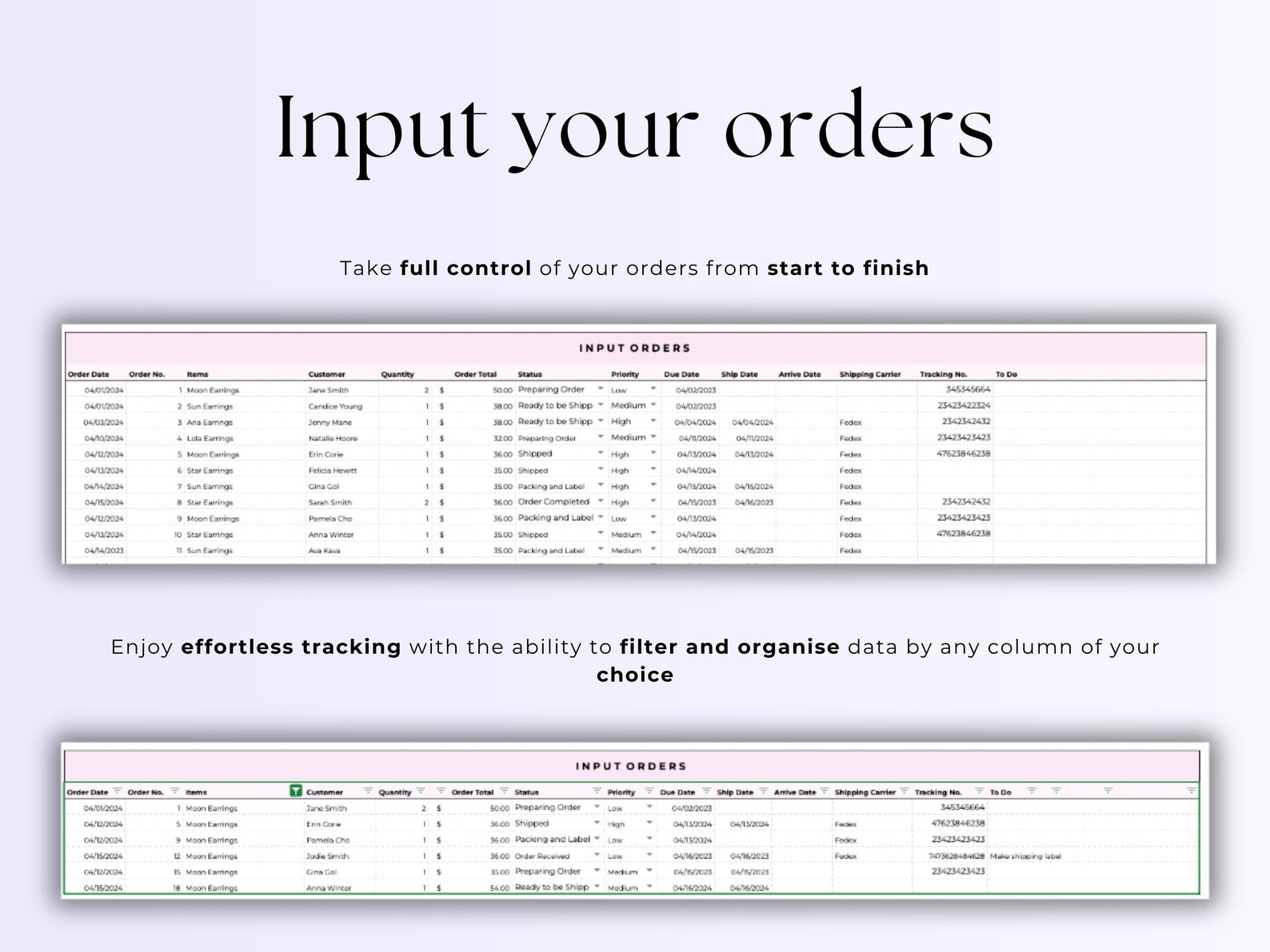 Order Tracker Spreadsheet - Excel / Google Sheets Template