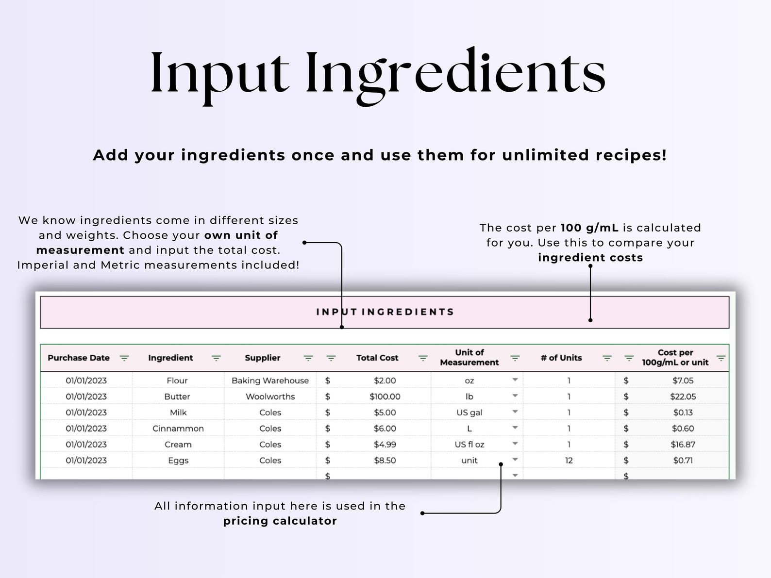 Recipe Costing – Bakery – Excel / Google Sheets Template