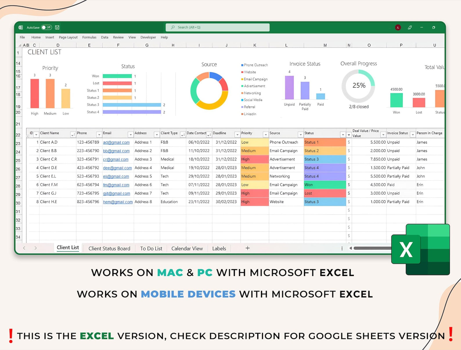 CRM Client Tracker - Small Business - Excel Template