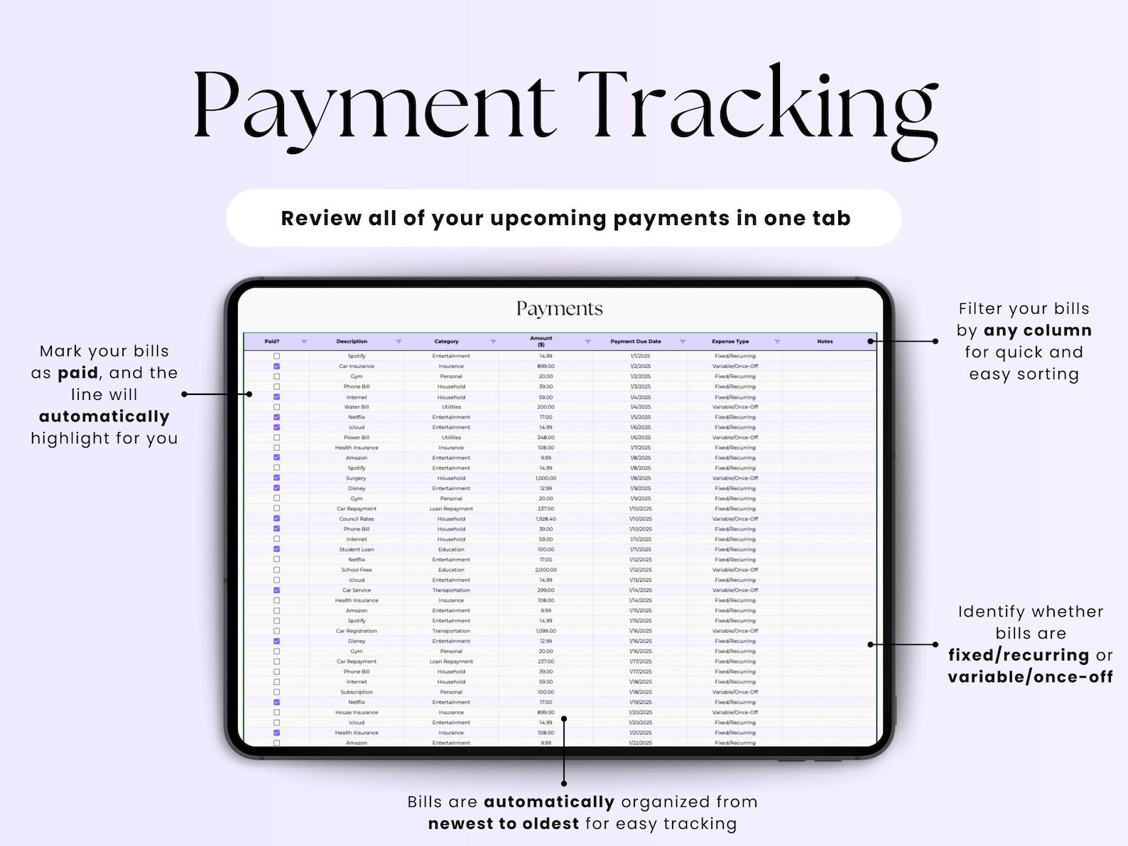 Bill Tracker – Personal – Excel / Google Sheets Template
