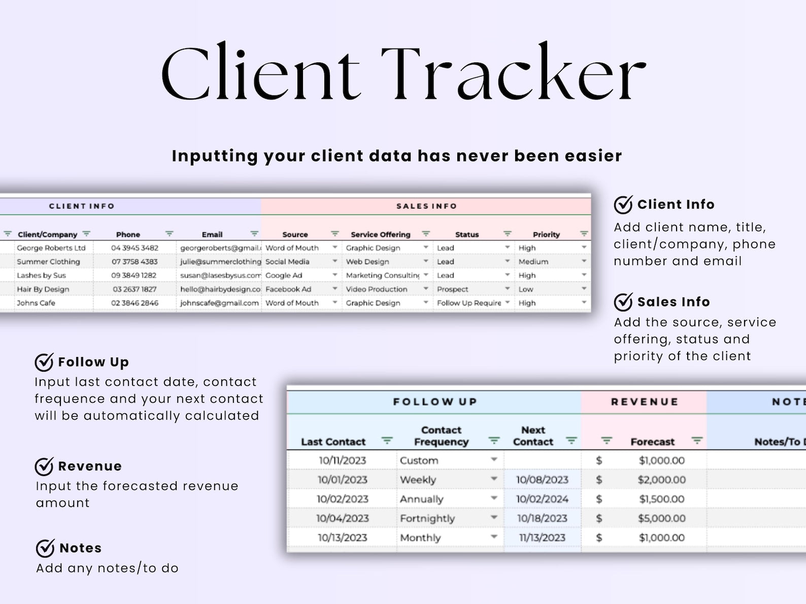 Client Tracker – Small Biz – Excel / Google Sheets Template