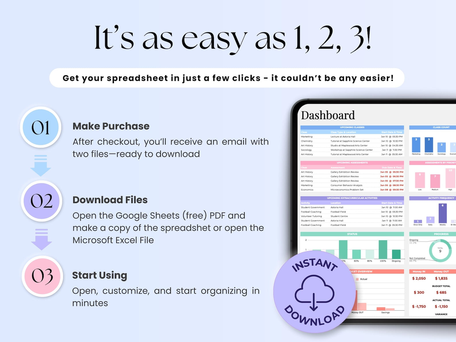 Student Planner – College – Excel Google Sheets Template