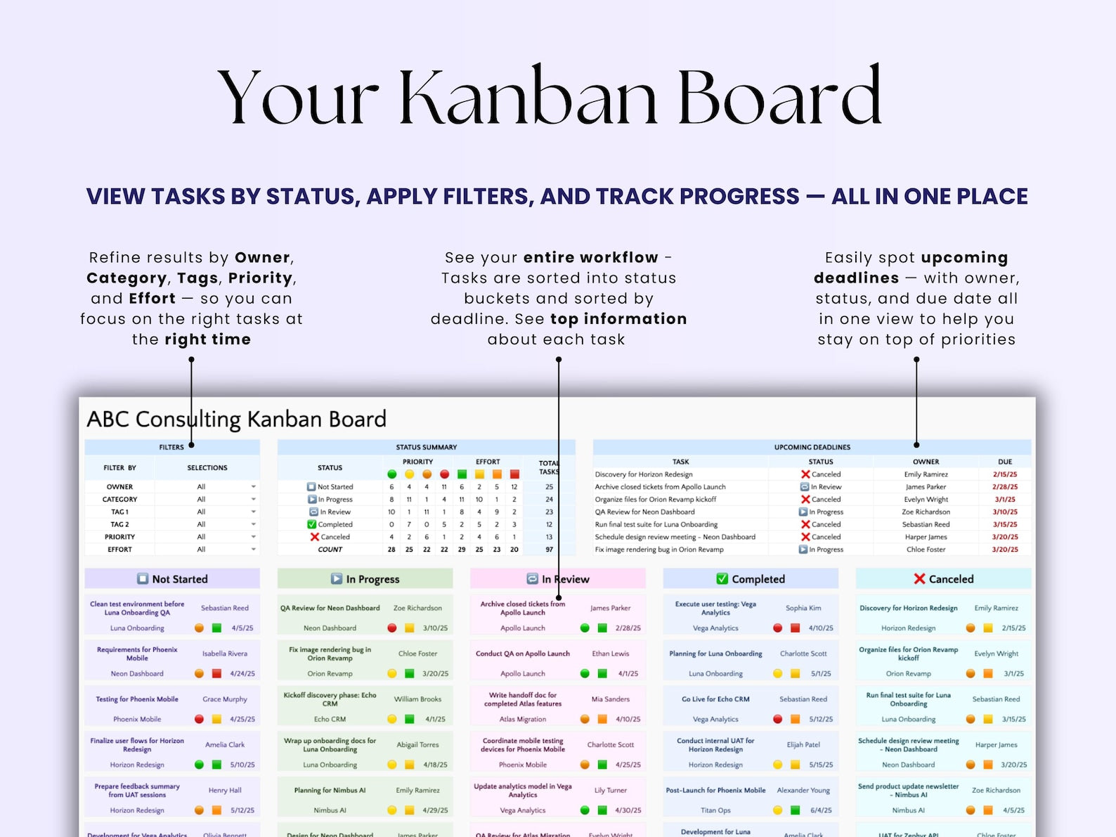 Kanban Board Task Tracker - Small Business - Excel Template