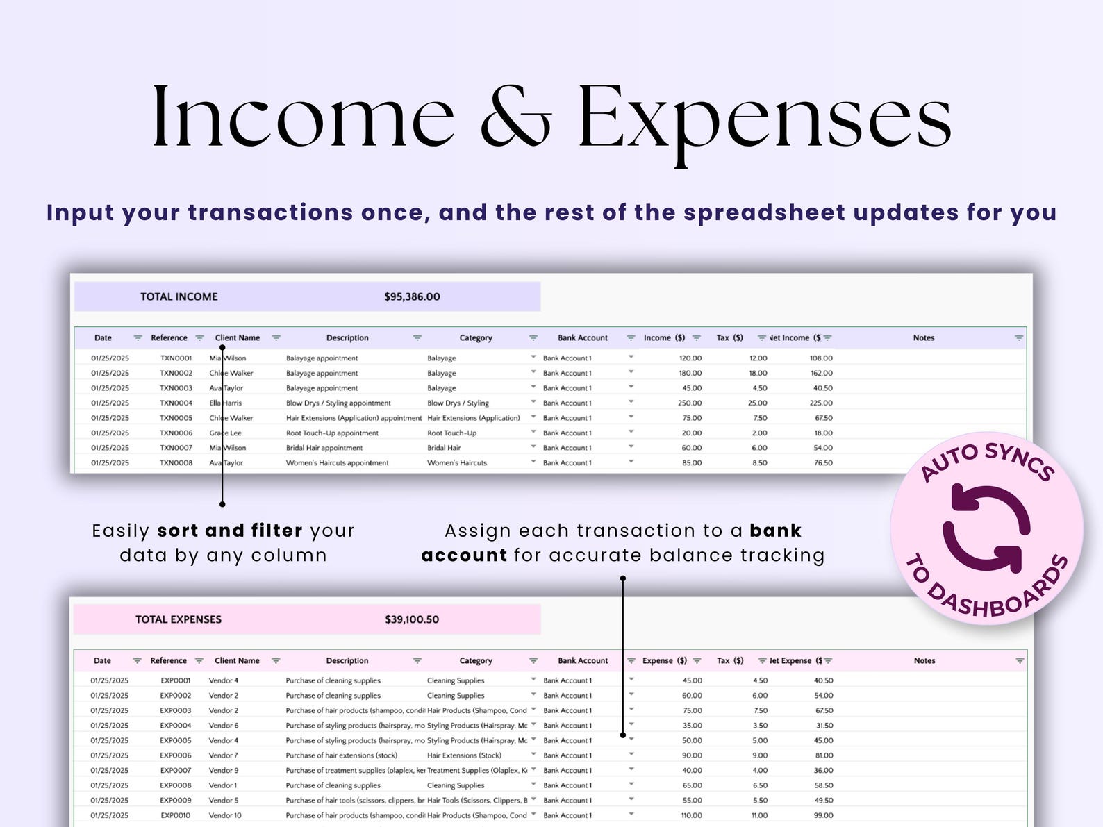 Beauty Bookkeeping – Techs – Excel / Google Sheets Template