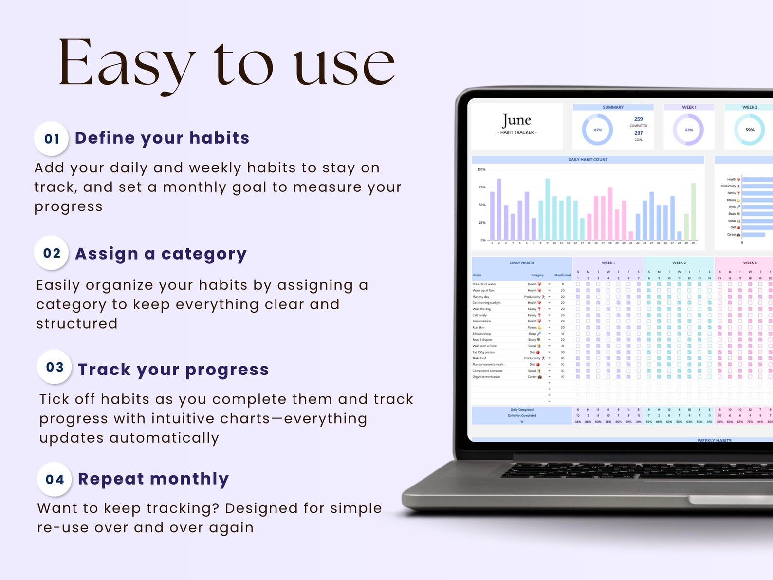 Habit Tracker – Daily Plan – Excel / Google Sheets Template