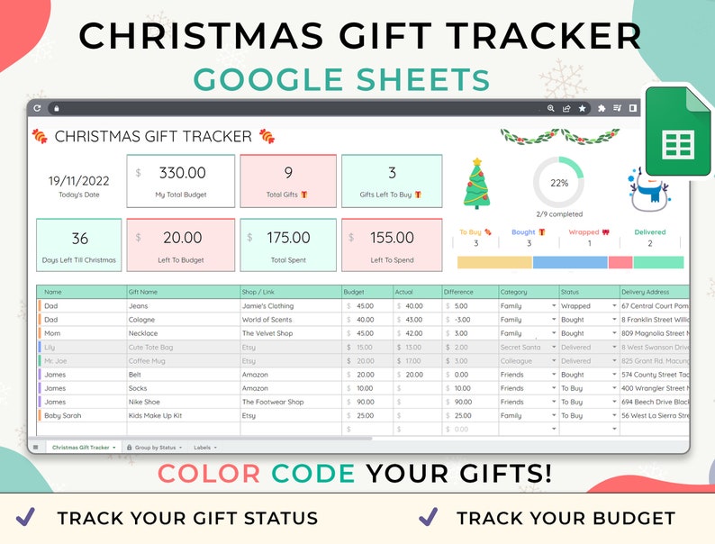 Christmas Gift Tracker & To Do List, Christmas Planner, Google Sheets Template, Budget Tracker For Gifts, Christmas Checklist