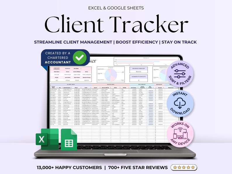 Client Tracker Spreadsheet, Customer Management Tool Google Sheets Excel, Small Business Digital CRM Tracking Worksheet, Lead Sales Log