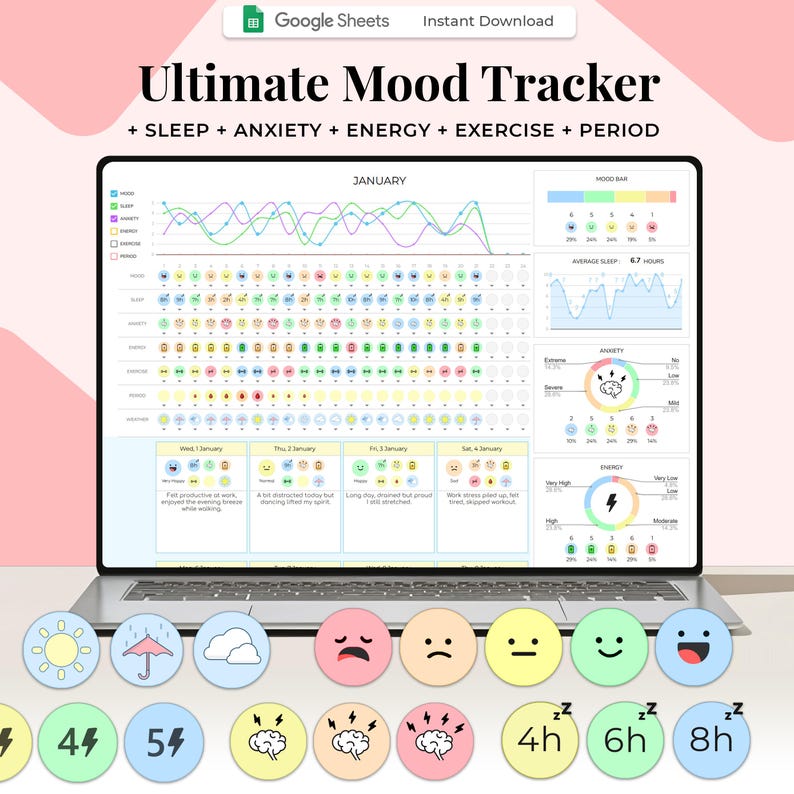 Digital Mood Tracker Spreadsheet, Google Sheets Template, Daily Mood Tracker, Mood Journal, Mood Chart, Feelings / Emotion Tracker, Mood Log