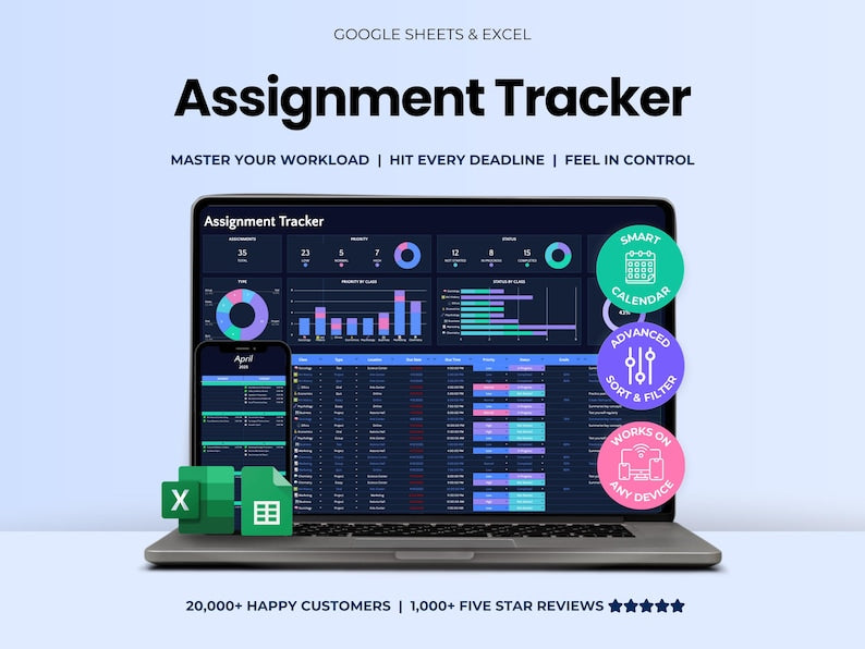 Assignment Tracker Spreadsheet Google Sheets Digital Student Planner Excel Homework Study Exam Assessment Planner Academic College Calendar