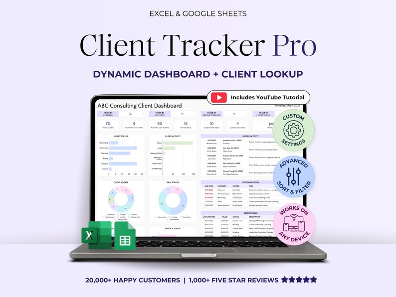 Client Tracker Excel CRM Tracker Spreadsheet Google Sheets Client Manager Template Small Business CRM Sales Dashboard Invoice Lead Tracker