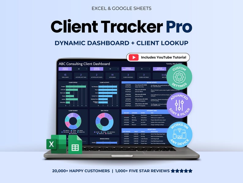 Client Tracker Spreadsheet Excel CRM Google Sheets Template Client Manager Template Small Business CRM Sales Dashboard Invoice Lead Tracker