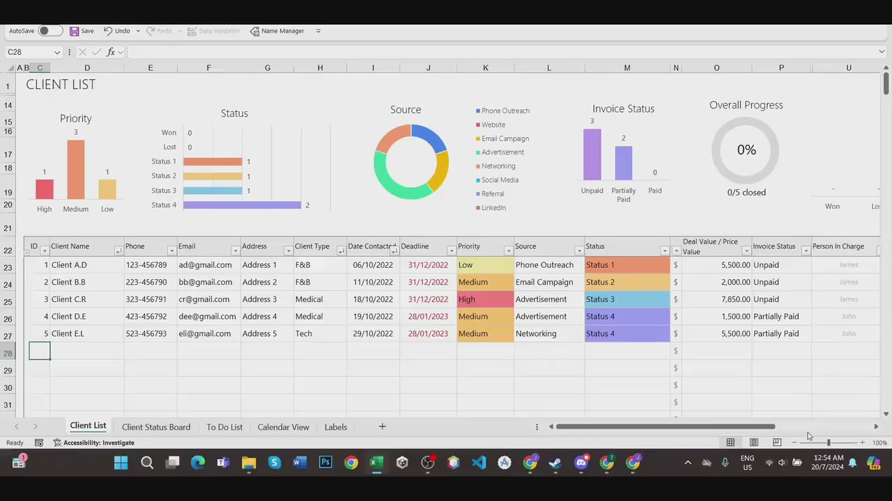 CRM Client Tracker - Small Business - Excel Template