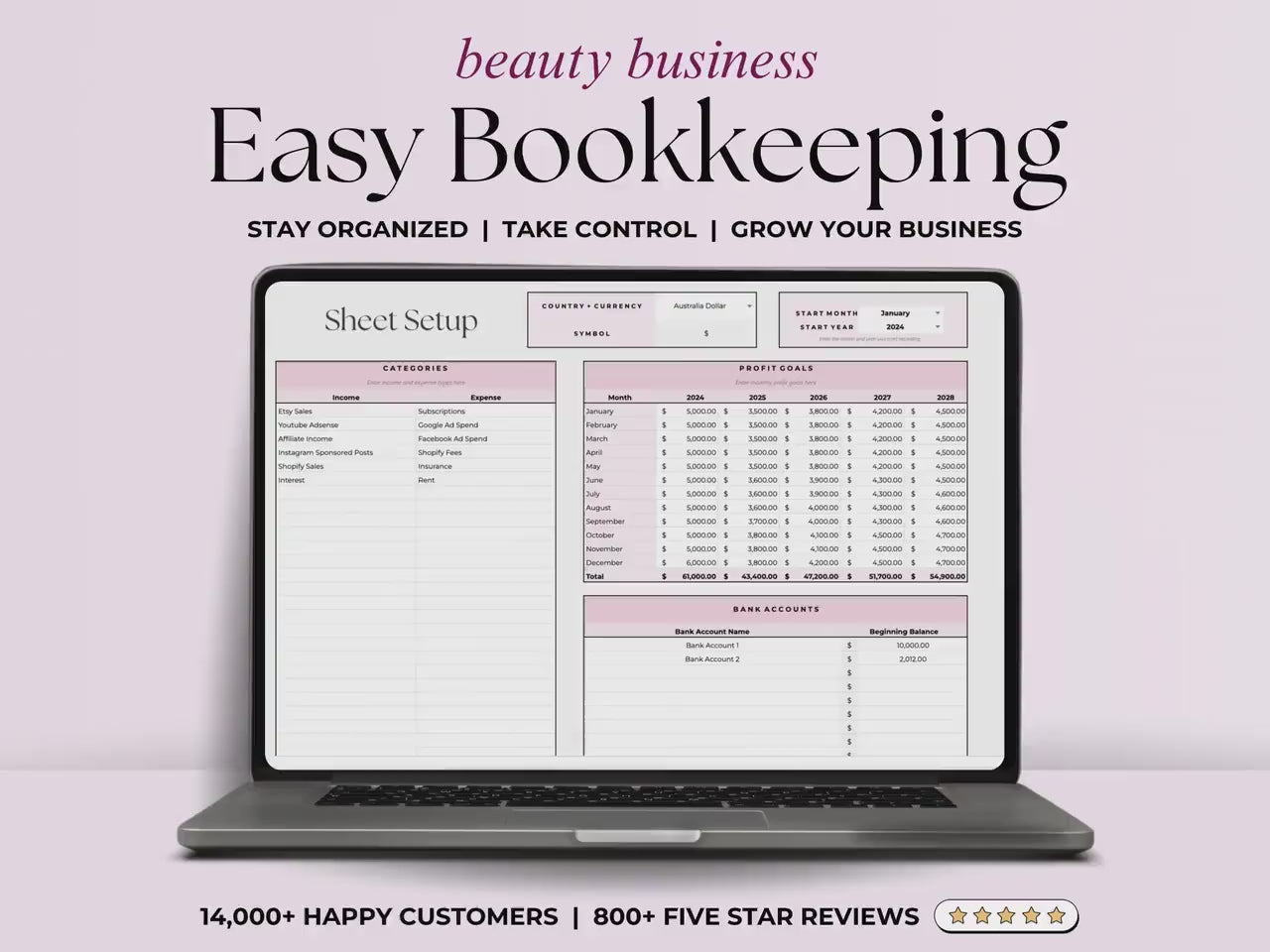 Bookkeeping Spreadsheet-Beauty Pros-Google Sheets Template