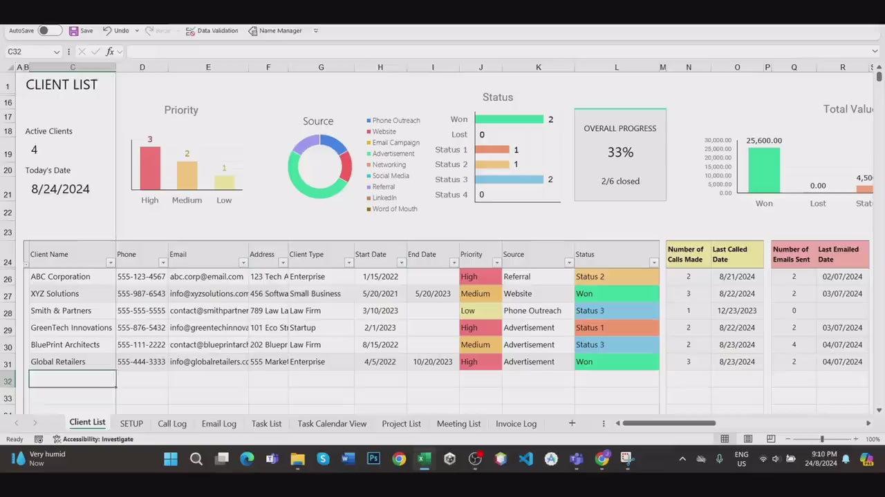 Client Tracker - Small Biz - Excel / Google Sheets Template
